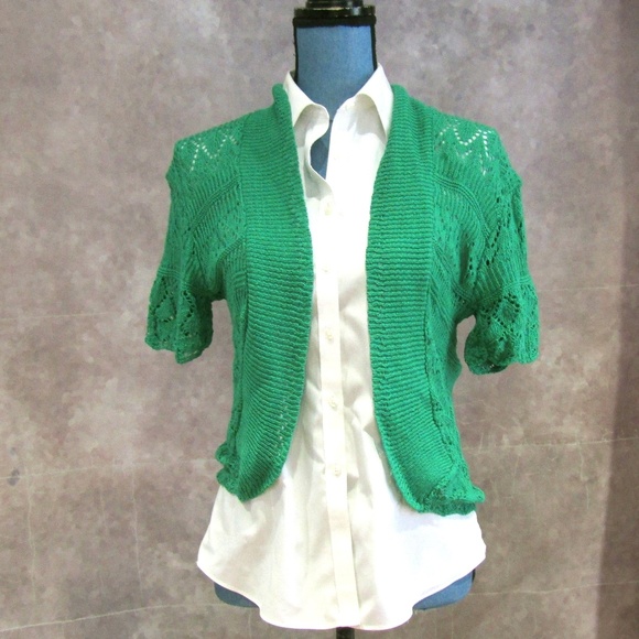 NEW Green Lace Knit Open Front Cardigan Shrug L - Picture 1 of 5